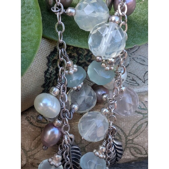 Vintage Sterling Rose Quartz Pearl Earrings, Silver Gemstone Dangle Earrings - Picture 4 of 10